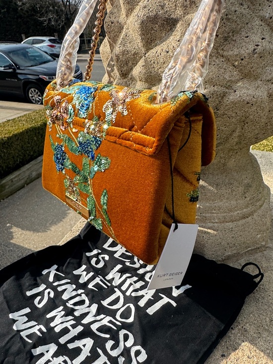Kurt Geiger Mustard Gold Quilted Velvet Crossbody with Blue Sequin Floral - Picture 5 of 9
